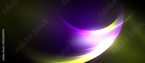 Abstract design features vibrant purple, yellow hues. Smooth curves create dynamic flow, contrasting dark background. Elegant, modern aesthetic.