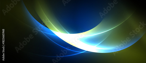 Abstract design features flowing curves, vibrant blues, greens, white light. Dark background emphasizes luminous shapes, creating dynamic visual effect.