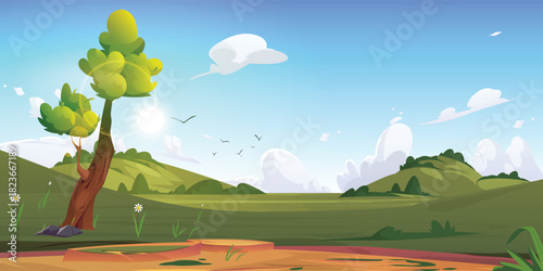 natural landscape with sunset  trees  hills  fields and sky