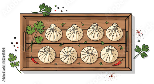 Authentic Khinkali dumplings served on rustic wood tray with fresh cilantro and spicy red pepper accents, perfect for food blogs and menus