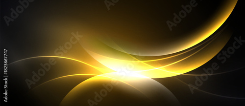 Abstract golden waves radiate from bright center. Dark background emphasizes luminous curves, creating dynamic visual effect.
