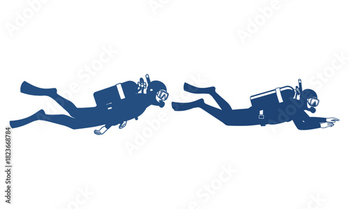 Two scuba divers silhouette exploring underwater, adventure concept