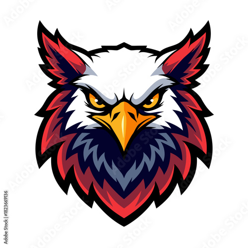 Fierce eagle head with sharp beak and layered feathers, bold emblem style expressing strength, courage, freedom, focus, and powerful spirit for branding or sports design