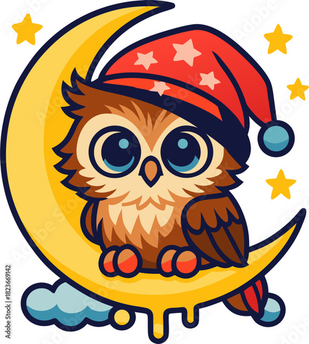 Cute little owl sitting on crescent moon with cozy nightcap and shining stars, bedtime fantasy scene symbolizing dreams, comfort, friendship, wonder, and gentle nighttime magic