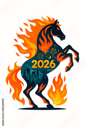 Fiery horse running with blazing mane, glowing city silhouette and fireworks around year 2026, symbolizing courage, ambition, luck, and new beginnings