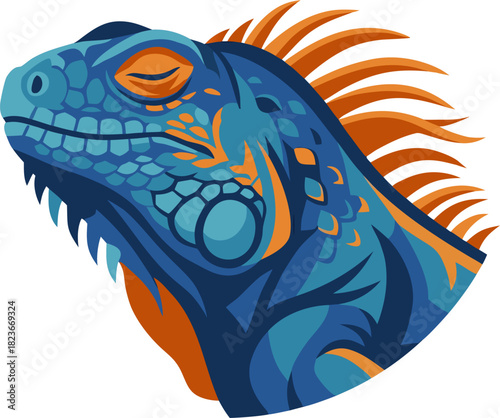 Bold blue iguana portrait with warm orange accents and detailed scales, calm expression and proud posture expressing reptile character in tropical wildlife concept