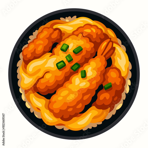 Crispy golden fried shrimp served on warm rice in round bowl, rich texture and comforting food feeling, appetizing Asian meal concept showing savory flavor and delight