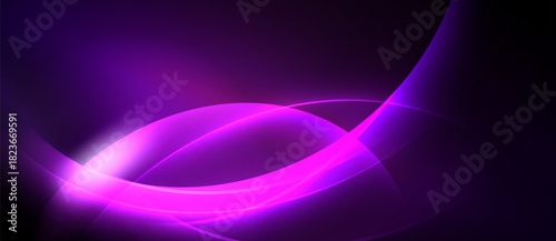 Abstract purple light curves radiate, creating dynamic visual effect. Dark background emphasizes glowing lines, offering modern aesthetic.
