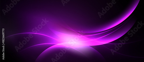 Abstract purple light curves radiate from bright center. Dark background emphasizes flowing shapes, creating dynamic visual effect.