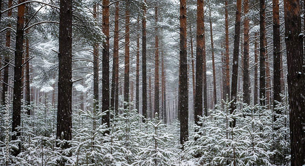 Fototapeta premium Winter Forest Scene - Snow-Covered Trees in a Tranquil Landscape.