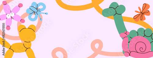 Cute animal balloon banner with cat, dino, snail, starfish and butterflies. Background for children party. Fun kids design for birthday card, invitation, nursery decor, celebration print. Vector card