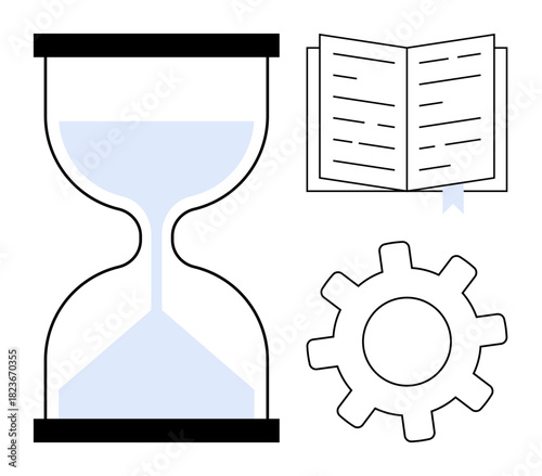 Hourglass, open book, and gear symbolizing time management, education, productivity, efficiency, workflow, planning and growth. Ideal for business education self-improvement and strategy themes