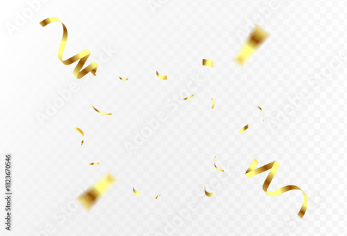 Golden confetti celebration background with swirls and streamers, festive party element