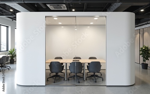A modern white soundproof meeting pod with glass walls in a contemporary open-plan office. High quality