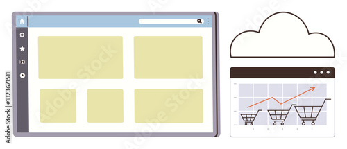 Web browser interface with product grid and cloud-hosted sales growth chart featuring shopping carts. Ideal for e-commerce, business growth, data analysis, online shopping, technology, cloud