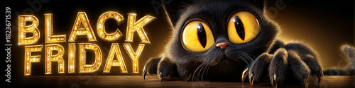 Close-up of a fierce black cat with glowing golden eyes and sharp claws stands beside a bright gold “BLACK FRIDAY” sign on black background, in a dark, cinematic Halloween atmosphere. Generative AI.