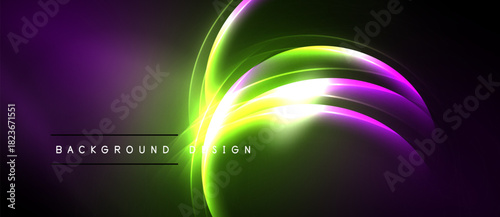 Abstract neon lights create dynamic curves. Purple, green hues blend into dark background. Modern design element for digital projects.