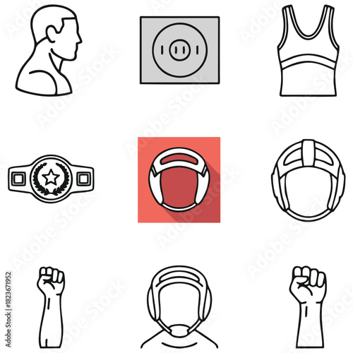 This vector icon set features iconic boxing imagery, including a boxer's profile, singlet, protective headgear, championship belt, and a fist symbolizing determination. The crisp, clean line art style