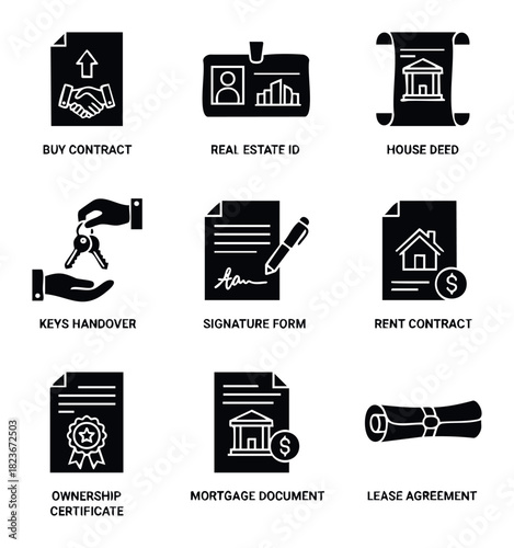 Collection of real estate transaction icons including contract, keys, and documents for mortgage and lease agreements, ideal for property business websites and presentations.