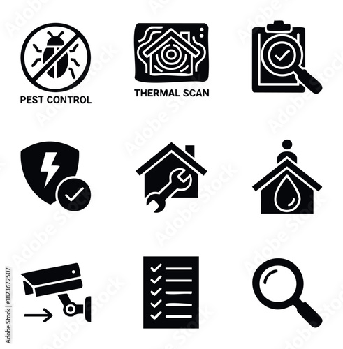 Collection of icons representing home inspection services like pest control thermal scan home repair plumbing security and inspection checklist for real estate maintenance and safety needs