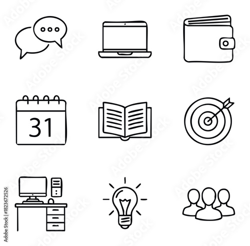 Collection of simple line icons representing business and office concepts like communication, finance, productivity, and teamwork for web and app use