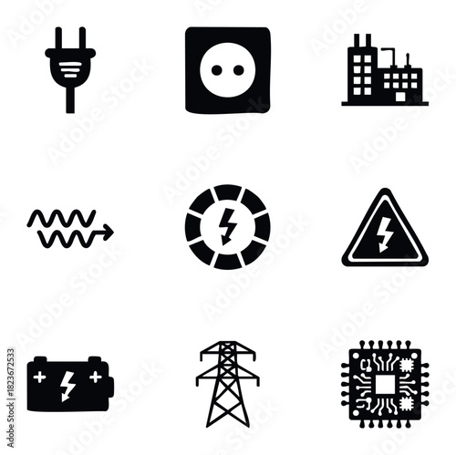 Collection of electrical symbols including plug, socket, factory, wave, power gauge, warning sign, battery, pylon, and chip for energy technology concepts.