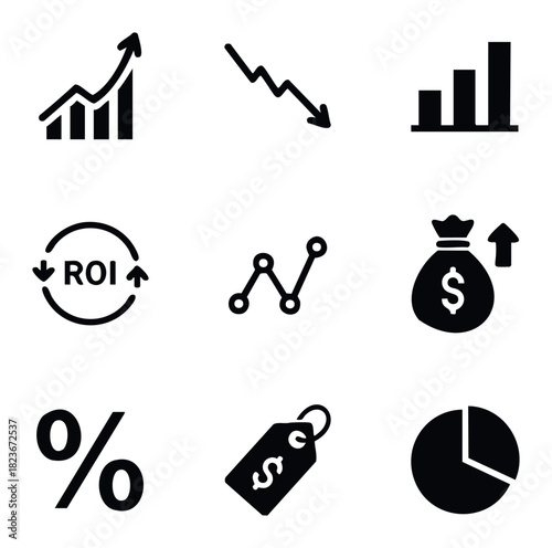 Collection of financial and business icons for analytics, growth, economy, and investment concepts used in presentations and reports