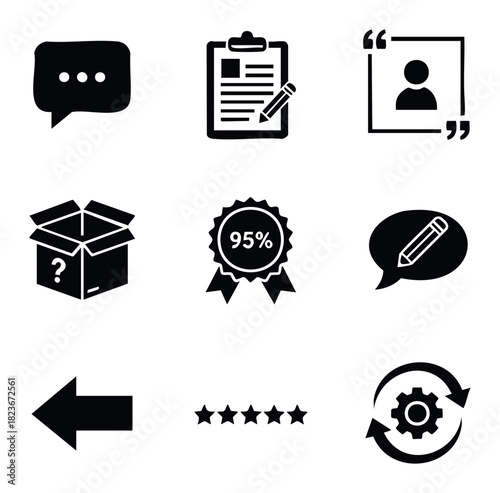 Collection of black flat icons representing communication, feedback, delivery, rating, and process, useful for digital and print media applications.