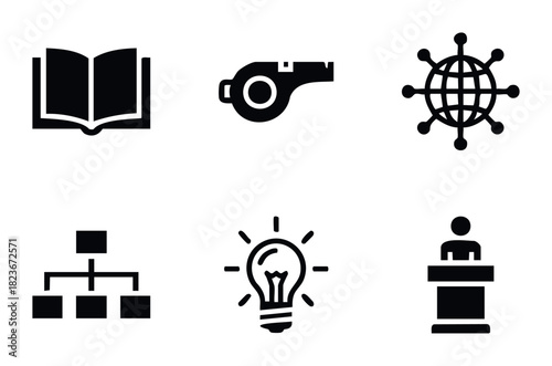 Collection of six flat icons representing education, leadership, global connection, organization, ideas, and public speaking for business or informational graphics.