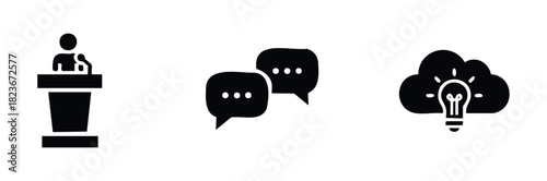 Collection of Icons speaker at podium, chat bubbles, and cloud with lightbulb for communication and ideas in business and technology.