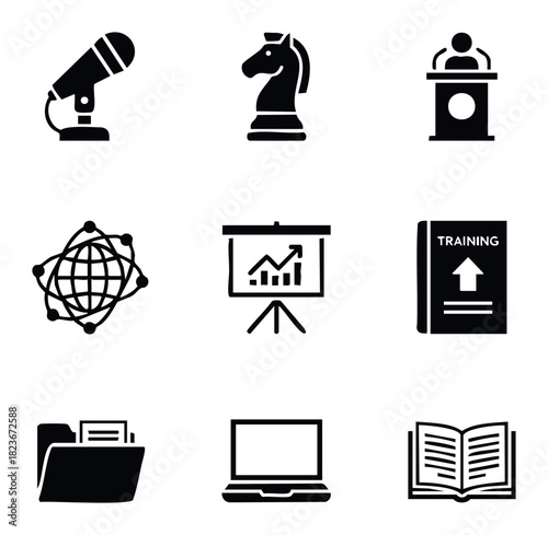 Collection of business and education icons including microphone, chess piece, podium, network, presentation, book, folder, laptop, and open book for concept development.