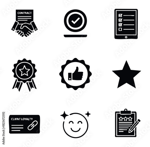 Collection of business icons representing partnership agreement quality control positive feedback customer satisfaction loyalty program and excellent service evaluation for professional presentations