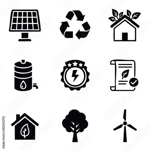Collection of glyph icons representing renewable energy sources and environmental sustainability for eco friendly themes and green technology applications