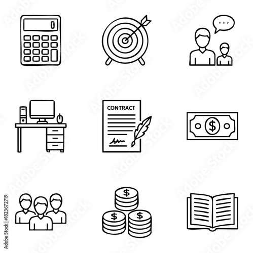 Set of business and finance icons including calculator, target, people, desk, contract, money, coins, and book for presentations and websites