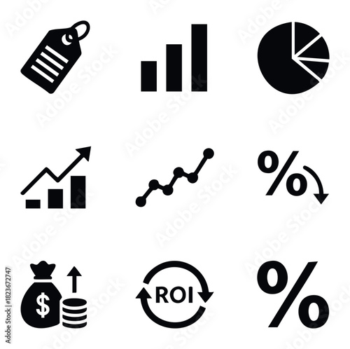 Collection of nine flat icons representing business and finance concepts like sales tags, growth charts, financial reports, and investment returns for use in corporate presentations and