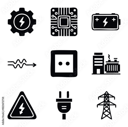 Collection of electricity related symbols including power lines transformer electrical outlet plug lightning bolt battery and circuit board for energy industry technology and power concepts