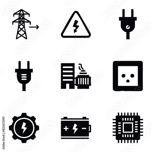 Collection of electrical energy symbols including power tower, plug, outlet, warning sign, battery, gear, and microchip for technology and power concepts.