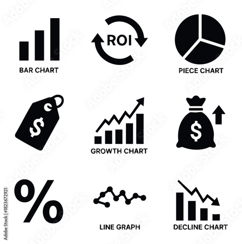 Collection of business finance icons representing growth charts, ROI, money bag, and pricing tags for financial analytics and investment performance tracking.