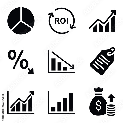 Collection of business and finance icons including charts, graphs, ROI, percentages, and money bag for financial reporting and analysis presentations.