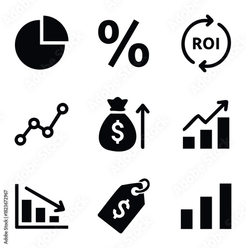 Collection of business and finance icons including pie chart, percentage, ROI, graph, money bag, tag, and trends for financial concepts and analytics.