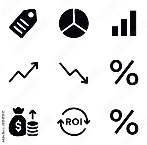 Collection of financial and business icons including a tag, pie chart, graph, money bag, coins, ROI symbol, and percentage signs for business concepts.