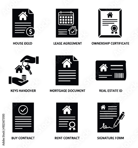 Collection of flat black icons representing real estate transactions and documents, perfect for web or print use.