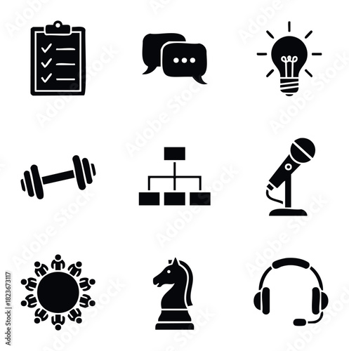Collection of modern flat icons representing business planning, communication, innovation, fitness, organization, presentation, teamwork, strategy, and audio for use in presentations and