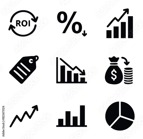 Collection of finance and business icons representing profit loss growth and investment strategies for financial planning and economic analysis presented on a white background.