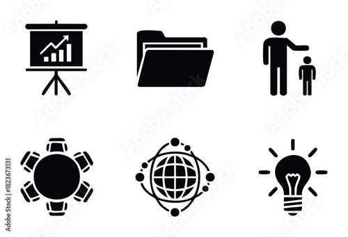 Collection of business and productivity icons including presentation chart, folder, mentor guidance, meeting table, global network, and lightbulb idea symbol for corporate use.