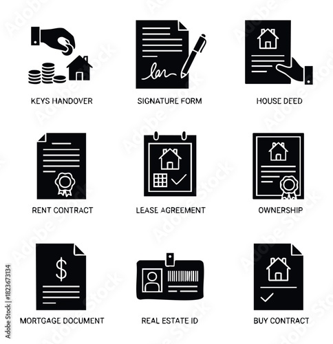 Collection of real estate transaction icons including keys handover, signature form, house deed, rent contract, ownership, mortgage document, and buy contract for property business use