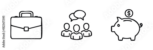 Business icons representing finance, communication, and work, suitable for corporate presentations, financial planning graphics, and collaborative project visuals.