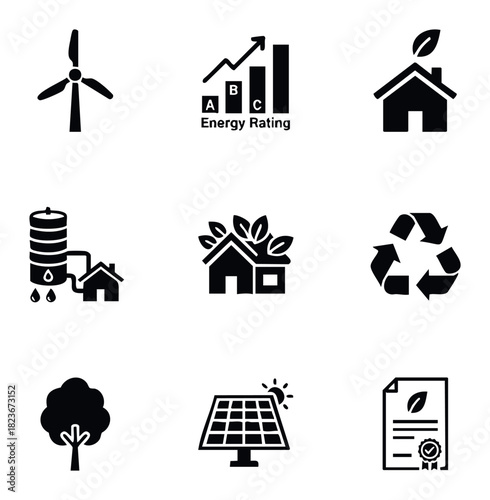Collection of sustainability and ecofriendly icons including wind turbine, energy rating, green house, water conservation, recycling symbol, tree, solar panel and certificate for