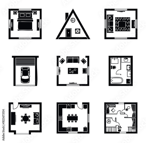 Collection of simplified floor plan icons representing house layouts, rooms, and a garage for architectural or real estate presentations.