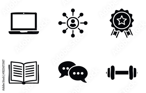Set of modern black icons representing technology, connection, achievement, learning, communication, and fitness for app interfaces and web page elements.